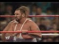 the fabulous rougeau brothers with jimmy hart in their corner take on the bushwhackers at wrestlemania 5 in 1989.