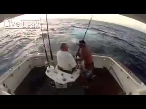 Big Fish Jumps Into Boat And Man Jumps Out