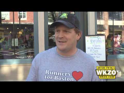 Rob Lillie of Gazelle Sports talks with Carolyn Binder before the "Runners for Boston" event held in Downtown Kalamazoo seven days after the Boston Marathon bombings. Rob Lillie of Gazelle Sports talks with Carolyn Binder before the "Runners for Boston" event held in Downtown Kalamazoo seven days after the Boston Marathon bombings.