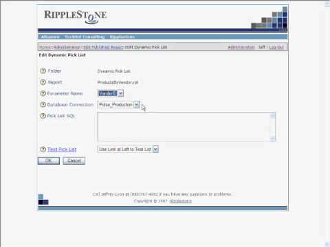 This is a detailed demo of how to use the Ripplestone Dynamic Pick List Feature. The video reviews why you should use a Dynamic Pick List, how to setup the Database Connection, and how to create the Dynamic Pick List for a report.