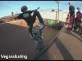 more at www.vegasskating.comCurren Caples, Winner of King of the Groms 2007 actually did this trick in his contest line first try. Luckily Gonzo got him to do it again later that day. He ended up qualifying first in all three events that weekend. Expect to see this kid doing big big big things in the future.