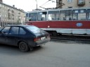 Trams crossing Prospekt Marx in Omsk Siberia