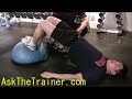 http://AskTheTrainer.comMichael Behnken, MS, NASM-CPT-PES, CSCSSan Francisco Based Personal TrainerThe BOSU Ball Supine Bridge is a great beginning core exercise.  It teaches gluteal activation for people with weak or lengthened glute muscles.If you feel this exercise significantly in your hamstrings, you need to stretch your biceps femoris.Do not arch your back at all during this motion or any core exercises. Maintain the drawn in maneuver for the duration of the movement.http://fitSF.com San Francisco Personal Training