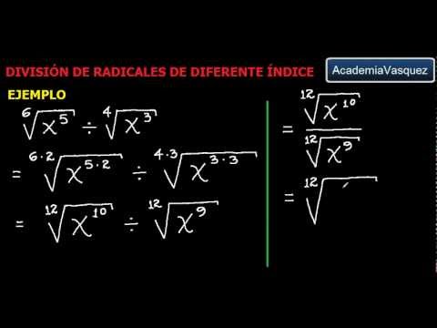 raíces con diferentes índices - Teoría y ejemplos prácticos acerca de división de radicales de diferente índice. Hecho por AcademiaVasquez Página web: http://www.academiavasquez.com Página ...
