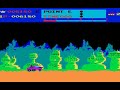 it's not about the gaming skills here, just trying to bring back some memories. player drives a moon buggy jumping over craters, rocks and land mines, shooting simultaneously at rocks in front and aliens above while dodging their missiles. features very catchy background music and cute bouncing tires when the buggy is destroyed. foreground and background terrain scroll at different rates giving the illusion of depth.