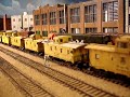 It´s 9:30 am and the NdeM switcher, ALCO RS3 6704, is pulling a string of recently serviced cabooses to the caboose track, from there they will be picked up to couple to their trains.Lineas Mexicanas layout by Raymundo Collada