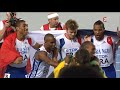 World Record Final 4x100m relay M World Championships Daegu Jamaica in 37'04. Record du monde dans la finale du championnat du monde à Daegu du relais 4x100m pour la Jamaique en 37'04. La France est 2ème en 38'20 et remporte la médaille d'argent. Saint-Kitts-et-Nevis est 3ème en 38'49 The US team failed to finish after Darvis Patton failed to get the baton to Walter Dix. L'Equipe des Etats-Unis est tombé après le passage du relais de Darvis Patton à Walter Dix. 1: Jamaique 37'04 2: France 38'20 3: Saint-Kitts-et-Nevis 38'49 4: Pologne 38'50 5: Italie 38'96 6: Trinidad and Tobago 39'01 USA out GBR out Les Equipes - Team Jamaique: Nesta Carter, Michael Frater, Yohan Blake, Usain Bolt France: Teddy Tinmar, Christophe Lemaitre, Yannick Lesourd, Jimmy Vicaut Saint-Kitts-et-Nevis: Jason Rogers, Kim Collins, Antoine Adams, Brijesh Lawrence Pologne: Pawel Stempel, Dariusz Kuc, Robert Kubaczyk, Kamil Krynski Italie: Michael Tumi, Simone Collio, Emanuele Di Gregorio, Fabio Cerutti Trinidad and Tobago: Keston Bledman, Marc Burns, Aaron Armstrong, Richard Thompson