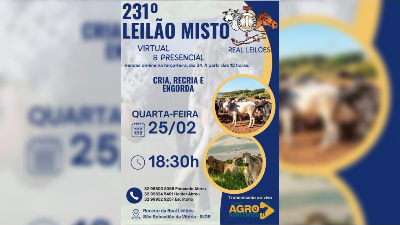 231º LEILÃO MISTO PRESENCIAL E VIRTUAL REAL LEILÕES - SÃO SEBASTIÃO DA VITÓRIA - SJDR/MG - 25/02/26