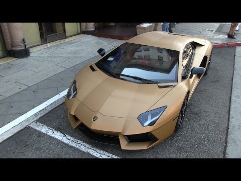 Sick Matte Gold Lamborghini Aventador in Beverly Hills! Loud Revs!