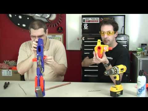 nerf mods - http://www.thegeekgroup.org - Air Restrictor Removal with NO DISASSEMBLY REQUIRED!! Chris and Paul demonstrate how to use less than $5 in parts to perform th...