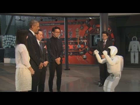 Japan - US President Barack Obama has played soccer with a robot during a visit to a museum in Tokyo on a visit to Japan. Report by Jeremy Barnes.