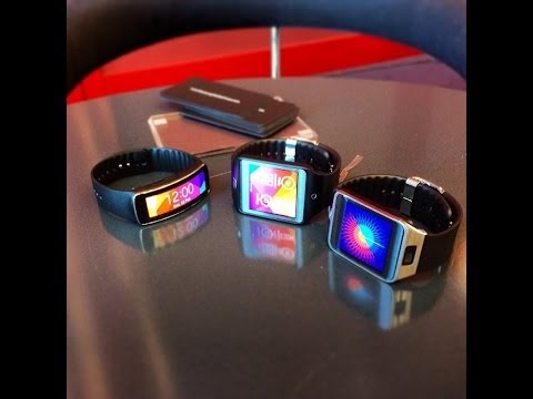 Galaxy Gear 2 smartwatch and Neo Gear Fit fitness band displayed at the Mobile World Congress 2014