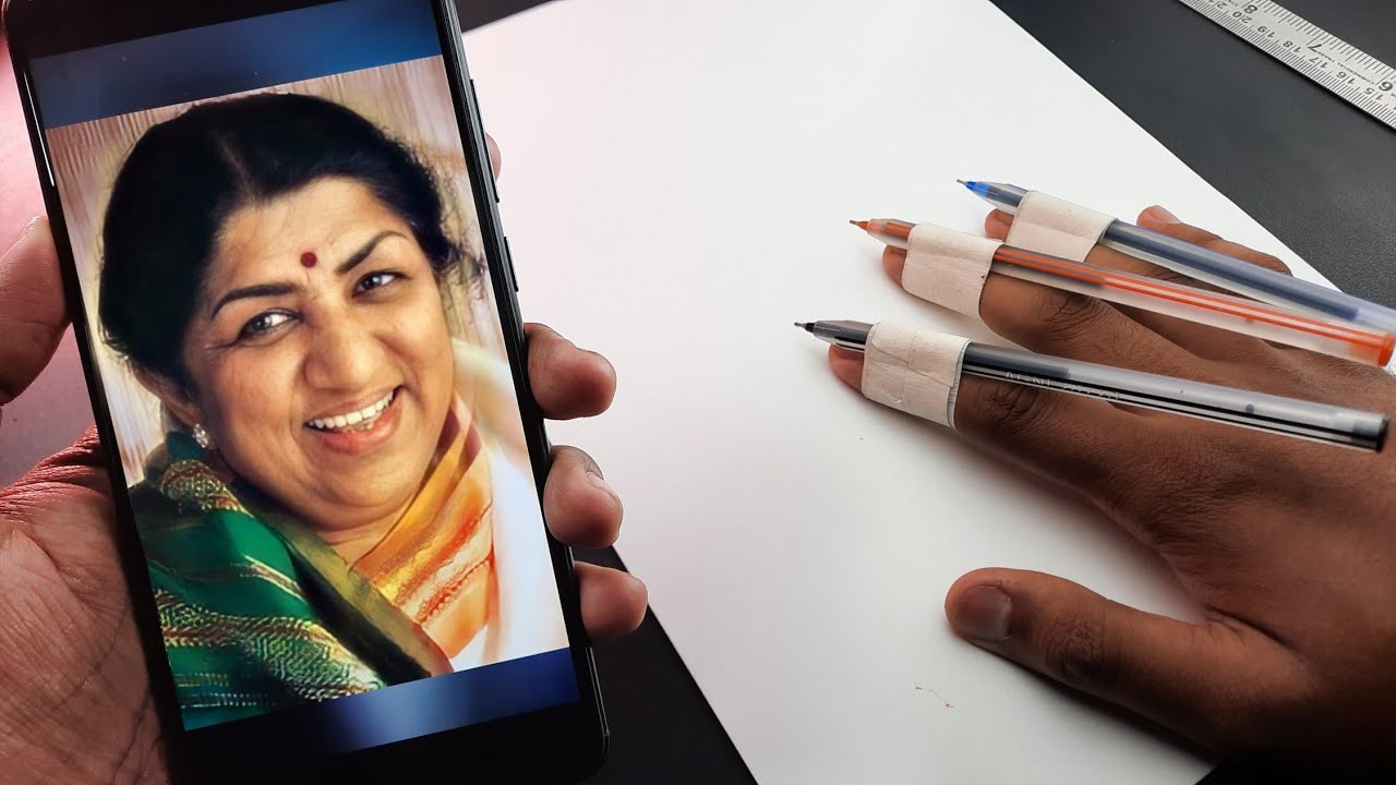 बोटांना पेन चिटकवून रेखाटले लता मंगेशकरांचे सुरेख चित्र, नक्की पहा