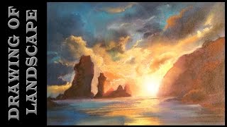 How to draw a Dramatic landscape in soft pastel. Painting a realistic sunset.