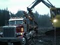 Peterbilt logging truck being loaded. Peterbilt logging truck being loaded.