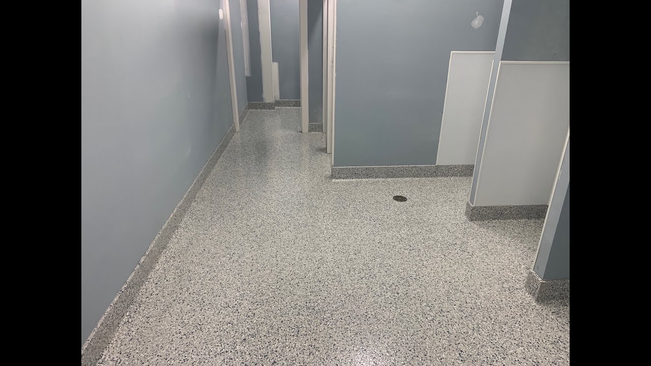 Commercial Bathroom / Full Flake Epoxy Floor With 6" Integrated Cove Base, Lots Of Detail Work.