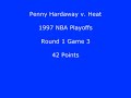 people who follow the nba today forget how good penny hardaway was before all his injuries.  for all of his great performances, this, to me, was the defining moment of his career.  

shaquille o'neal had moved on to the lakers, and the magic had suffered through a tumultuous 45-37 season that included the firing of brian hill and several injuries to key players.  hardaway himself missed 23 games due to injury, and many felt he was responsible for the player mutiny against hill.  waiting for the magic were the powerful miami heat, coached by pat riley and anchored by alonzo mourning.  the heat had finished 61-21 and would go on to the eastern conference finals after rallying to defeat the knicks in the next round.  

in the first two games of the series, the heat dominated, obliterating the magic in every facet of the game.  the same thing was happening in game 3, as the heat took a 20-point lead in the second quarter.  the magic, who had been swept out of the playoffs in each of the last three years, probably had that same result on their minds.  

but then, hardaway took over, carrying his battered team to victory.  starting power forward horace grant was out for the series, starting center rony seikaly broke his foot in the second quarter, and starting swingmen nick anderson and dennis scott were severely limited throughout the game.  at one point, the magic were forced to use danny schayes at center, but it didn't matter.  hardaway put the team on his back, scoring 26 first-half points to lead a rally and inspiring others like darrell armstrong and gerald wilkins to big performances.  he ultimately finished with 42 points, and though the magic eventually lost the series in five games, it was a classic example of a guy taking over a game like few can in any era of the nba.

announcers: verne lundquist and doc rivers.