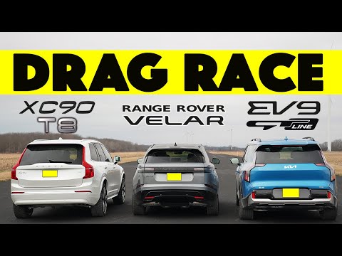 2024 kia ev9 vs volvo xc90 t8 vs range rover velar over in 13 seconds drag and roll race