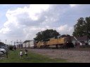 The race is on! UP 4666 and UP 7664 east at Rochelle, IL.