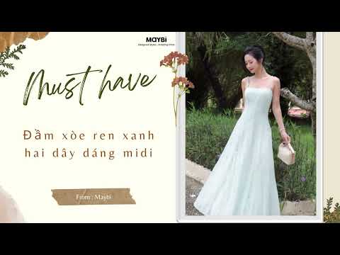 Đầm xòe ren xanh hai dây dáng midi