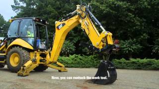 Learn how to engage and disengage work tools using your Cat backhoe loader's hydraulic quick coupler.