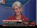 During a briefing, Health and Human Services Secretary Kathleen Sebelius (as well as Robert Gibbs off-camera) gives NBC News' Chuck Todd a hard time for not using the proper protocol when sneezing. 