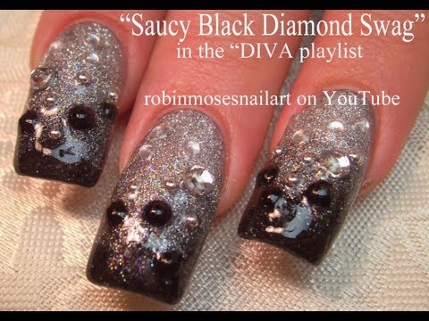 Hella Saucy Black and Silver diamond Ombre Nails -