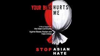 A balloon, 3/4 white, 1/4 red, with words: Your Bias Hurts Me. Stop Asian Hate