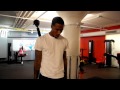 Brandon Jennings doing forward lunge into a curl and press - Focus is to not arch your low back when pressing.  Dont let you toes go over your toes when you lunge down.