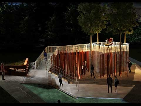 Overhead view of Memorial showing a ramp leading up to a viewing platform surrounded by slender bronze columns.