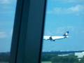 A Lufthansa 747 lands at Dulles intl airport