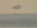 Stephane Rousson leaving Hythe in pedal powered airship.