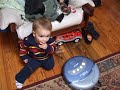 Gideon and Roomba share breakfast