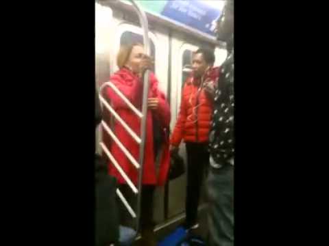 Pregnant woman and domestic violence on subway train