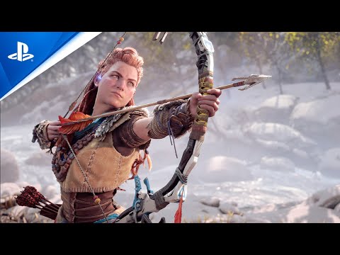 Protagonist Aloy draws back on her bow.