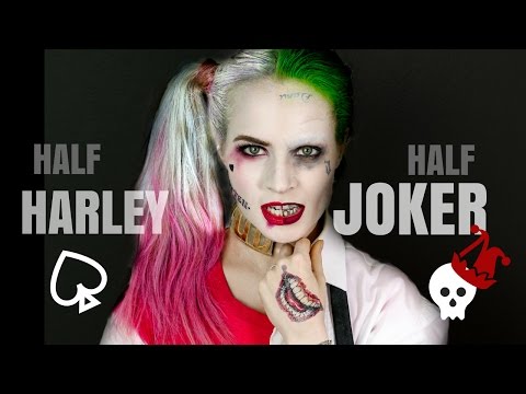 Half Harley Quinn Half Joker Halloween Hair and Makeup Tutorial