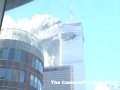 Shot from right below North Tower, North tower burning,...
