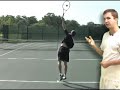 www.fuzzyyellowballs.com The sixth step of the serve is to swing to your contact point. From the racket drop, swing up on edge as if you were trying to hammer a nail into the tennis ball. At the last second, pronate at the forearm and wrist so that you make contact with your strings. For more FREE video-based tennis lessons on how to serve... and other tennis instruction ... visit www.fuzzyyellowballs.com