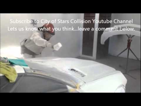 Mercedes Benz SL550 front collision repair clear coat application