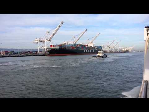 Ferry Ride View. Port of Oakland, Alameda Oakland Estuary, Container Ship Boston Express Hapag Loyd