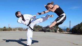 taekwondo girl vs boxing guy street fight scene