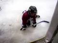 Drew trying to get off the ice after practice.