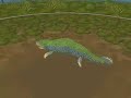 Tiktaalik is a transition fossil fro 375 Ma, one of the first to be able to live partially in water and out of water. It has an articulated shoulder and pentadactyl digits, yet still possesses many fish-like features. Created using Spore. I iz up in yer Spore, kreeating fosszll vidz.