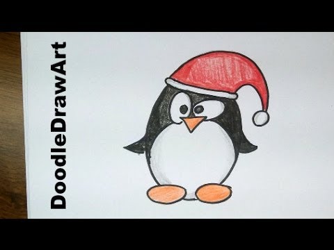 Drawing: How To Draw a Cute Cartoon Christmas Penguin Tux – Easy!  Step by Step drawing lesson