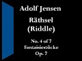 jensen (1837-79) was a prussian composer of mainly songs and piano music, who died young of tb in baden.  he was an ardent fan of wagner, and his piano music can broadly be characterised as an individual blend of the styles of schumann and wagner (the wagner of the siegfried-idyll), and some of his works anticipate the early songs of richard strauss in their ecstatic writing.  this set of pieces was published in 1862.  

there seems to be two riddles that jensen is posing to his listeners in this piece (the fourth of the seven in the set).  first there is the obvious one of the questioning introduction followed by an extended 'answer'.  but i suspect jensen might have been asking 'which piece of schumann is this?' - because the piece is a perfect pastiche of schumann's piano style, and i doubt if anyone hearing with an 'innocent ear' would think it could be by anyone else.
---------------------------------------
played by phillip sear (sussex, uk)
http://www.psear.co.uk