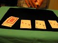 Rutina de magia que consta en sacar los cuatro aces del medio del mazo cuando este esta completamente revuelto. Porfavor, dejen sus comentarios y pongan estrellas :D! Suscribanse, y cualquier comentario de como se hace o revelando el secreto sera eliminado :)Magic routine where I find the aces when the deck is completely shuffled and the cards are completely lost. Leave your comments and vote! Subscribe, and any comment on how the trick is done will be deleted!