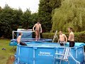 messing about on trampoline into swimming pool