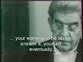 Subtitles adapted from the translation by Denis Hollier, Rosalind Krauss, and Annette Michelson in 'Television: A Challenge to the Psychoanalytic Establishment' - Jacques Lacan (Norton, London: 1990). Complete video (without subtitles) at ubuweb.com.Lacan challenges Miller for assuming that Lacan has the answer to every question. Such a positioning of Lacan as a make-believe master is central to the analytic discourse in which the analysand attributes to the analyst, via the transference, the function of lost object. This lost object is, as Miller writes, prefigured by Freud's series of oral and anal 'losses' in the 'Three Essays of Sexuality', and which 'Karl Abraham made the crux of his theory of development from which he derived the first premises of the 'partial object'; Melanie Klein, his student, located the partial object at the center of psychic economy, going so far as to show that at the end of analysis, in seperating from the analyst, an analysand has to mourn the loss of this object. And whence it was that Winnicott glimpsed the transitional object. This is what Lacan sums up, condenses, justifies and constructs with object a.'J.A. Miller, 'Microscopia: An Introduction to the Reading of Television'. Trans. B. Fink (1990).