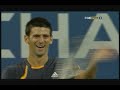 Darren Cahill doing an on court interview with Novak Djokovic after he defeats Radek Stepanek. Djokovic does a Johnny Mac impersonation and calls McEnroe down to hit a few balls.