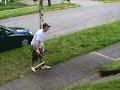 Spicoli skateboarding down stairs